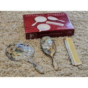 Godinger Victorian Bouquets Silver Plated Vanity Set Mirror Brush Comb Vintage